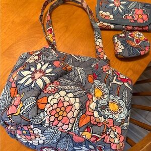 Vera Bradley Quilted Tote in Gray with Pink, Orange & Yellow Floral Print